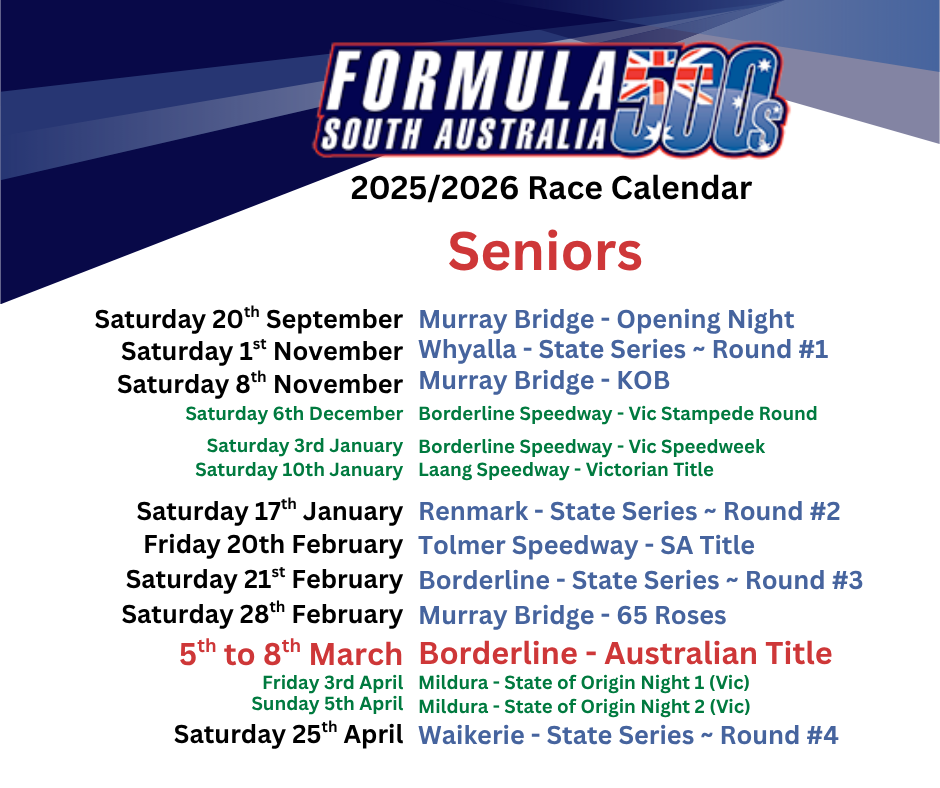 Formula 500 South Australia race calendar for Seniors